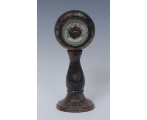 A Derbyshire Blue John pedestal aneroid desk barometer, 5cm register, turned column, spreading circular base, 19cm high, c.19