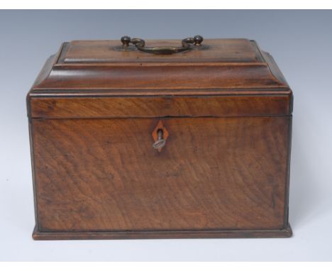 An early George III mahogany rectangular tea caddy, hinged concave moulded top with brass swan neck handle, enclosing three c