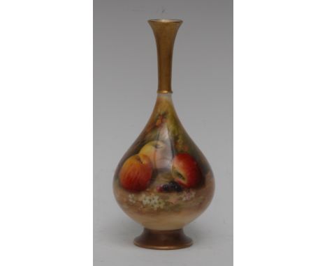 A Royal Worcester bottle vase, painted by Ricketts, signed with ripe apples and berries, on a mossy round, gilt flared neck, 