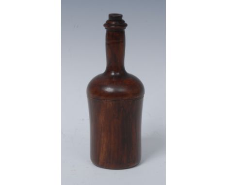 A 19th century novelty treen nutmeg grater, as a bottle, draught-turned stopper, screw-fitting cover enclosing a steel rasp, 