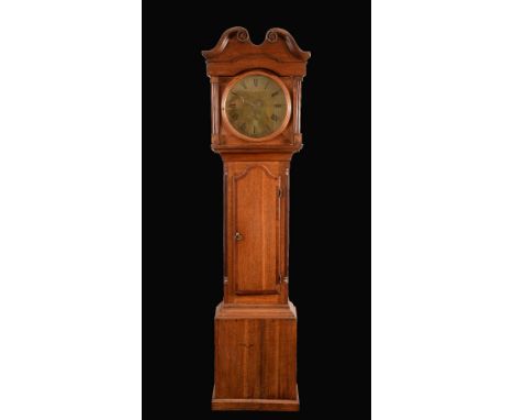 An 18th century oak and mahogany crossbanded longcase clock, the 33 cm circular brass dial with Roman numerals, subsidiary se