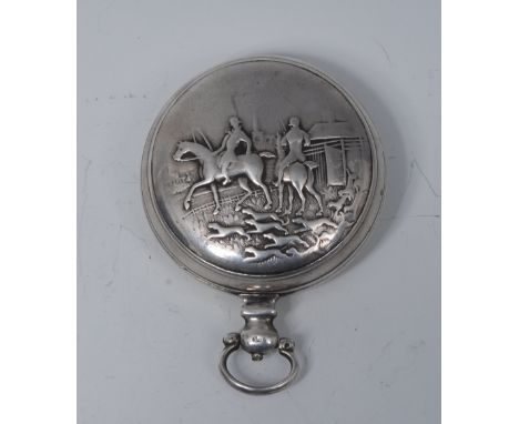A George III silver verge fusee hunter cased pocket watch, Joseph Huggins, Huddersfield, white enamel dial, bold Roman numera