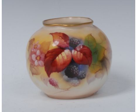 A Royal Worcester globular vase,  painted by Kitty Blake, signed with blackberries and foliage, gilt line rim, 7cm high, crow