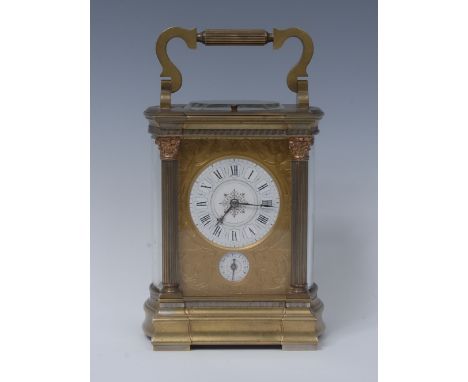 A French gilt brass quarter-repeating carriage clock, 5.5cm circular dial with Roman numerals, eight-day movement striking on