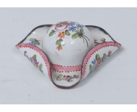 A George III South Staffordshire enamel toy, as a tricorn hat, painted with sprays of colourful summer flowers, 4.5cm wide, c