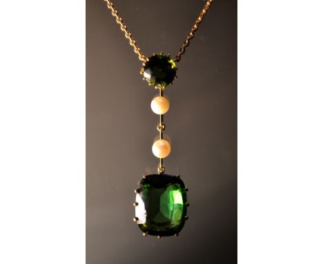 A green tourmaline and pearl pendant necklace, set with a round vibrant green tourmaline and conforming larger rectangular cu