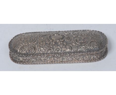 A Victorian silver oval trinket box, embossed overall with flowerheads and leafy scrolls, crimpled rim, 16cm wide, Colen Hewe