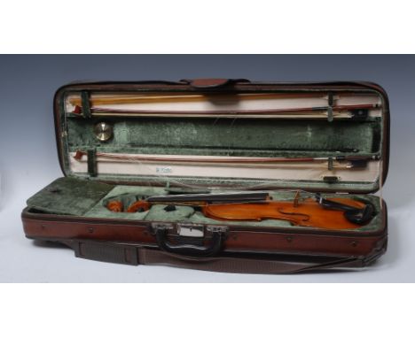 A violin, by J R Dutton, Yarpole, the two-piece back 35.25cm long excluding button, outlined throughout with purfling, ebony 