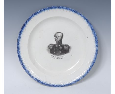 A 19th century Pearlware shaped circular plate,  transfer printed in monochrome with portrait and inscribed: Z.K.H. DE PRINS 