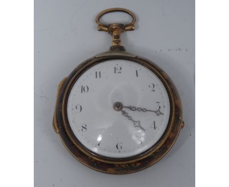An English gilt metal pair cased verge fusee pocket watch,  Hugh Bayliss of London, enamel dial, Arabic numerals, minute trac