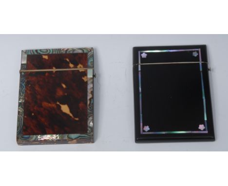 A 19th century tortoiseshell and abalone rectangular visiting card case, hinged cover, banded border, 10.5cm long, c.1840; an