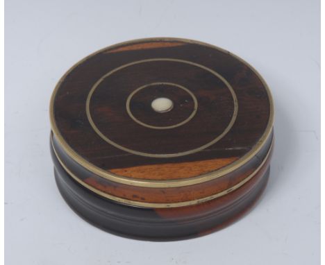 A 19th century yew and brass snuff box, centred with an ivory boss, 7.5cm diam, c.1815