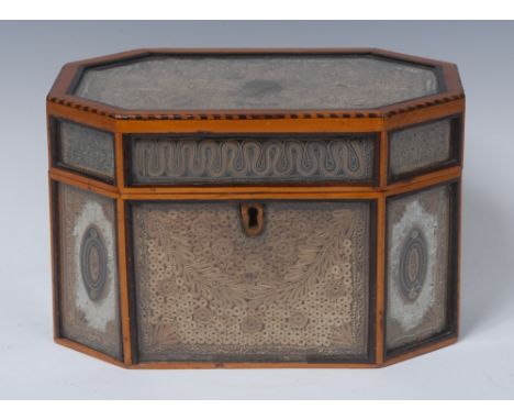A good George III canted rectangular rolled paper tea caddy, typically decorated with scrolls and oval paterae, satinwood  ba