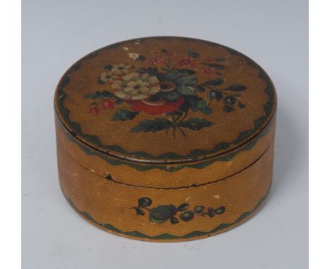 A late 18th/early 19th century vernis Martin circular snuff box, push-fitting cover painted with a spray of colourful summer 