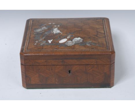 A 19th century French kingwood parquetry and marquetry canted square dressing table box,  hinged cover inlaid in ivory and mo