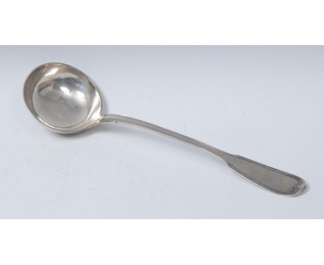 A 19th century French silver Fiddle and Thread soup ladle, 34cm long, c.1860