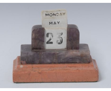 An amethyst quartz and rose marble rectangular desk calendar, 11cm wide