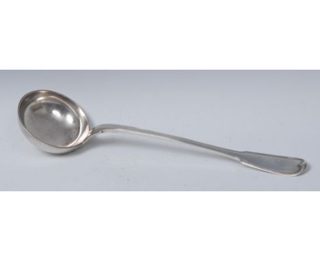 An 18th century French Fiddle and Thread pattern soup ladle, of heavy gauge, 37cm long, c.1784, 11oz