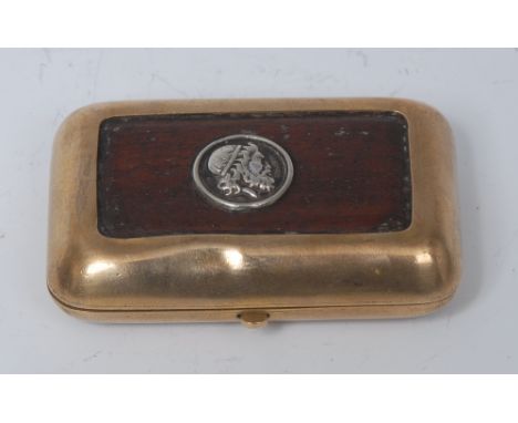 A 19th century gilt metal and mahogany rounded rectangular gentleman's pocket case, hinged cover applied with a portrait roun
