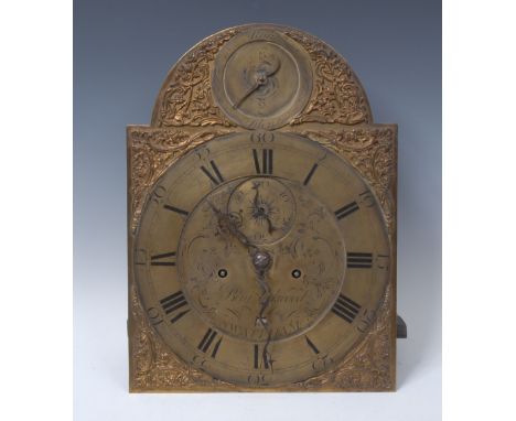 A George III longcase clock dial and movement, 30.5cm arched brass dial, inscribed Benjamin Lockwood/Swaffham, Roman and Arab