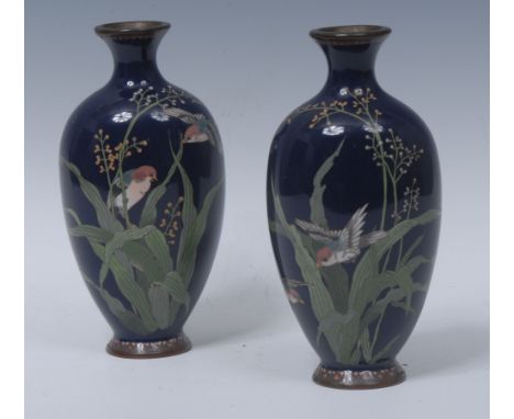 A pair of Japanese cloisonne ovoid vases, decorated with song birds in flight and perched on foliage, on a cobalt blue ground