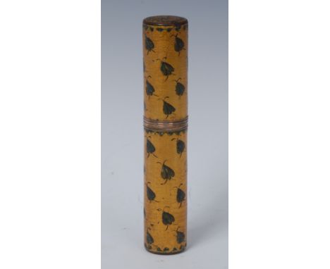 An 18th century vernis Martin cylindrical bodkin case, decorated with scattered leaves on a faux engine turned gilt ground, p