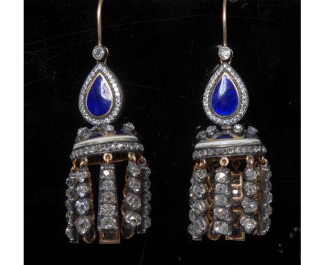 A pair of Regency diamond, gold coloured metal and enamel chandelier earrings, each with pear shaped banner crested by a diam