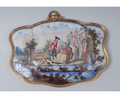 An 18th century South Staffordshire enamel shaped serpentine panel, from a casket, painted in polychrome with a gentleman ang