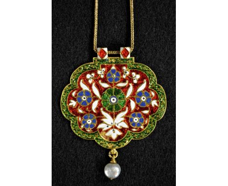 Carlo Giuliano (1831-1895) - a late 19th century Renaissance revival enamel and pearl pendant necklace, the double sided pane