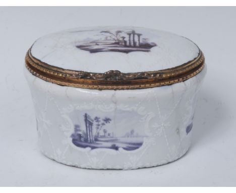 An 18th century French enamel bombe shaped snuff box, decorated in puce with vignettes of Classical ruins, on an opaque groun