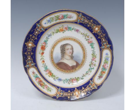 A  19th Century Sevres shaped circular plate, decorated with a  portrait panel of Henrietta d'Angleterre, within gilt circula