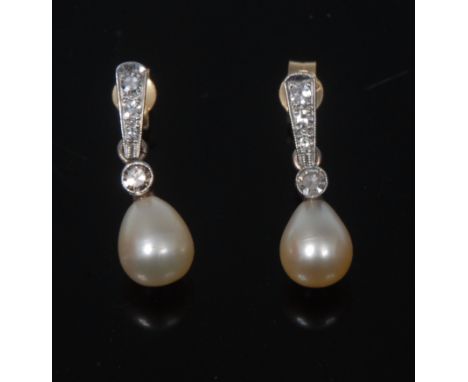A pair of natural pearl and diamond pendant earrings, each with a tapering bar, collet beaded droplet, terminating with a sin