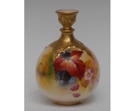 A Royal Worcester vase, painted by Kitty Blake, signed, with blackberries and foliage, wavy gilt lined rim, 8cm high, printed
