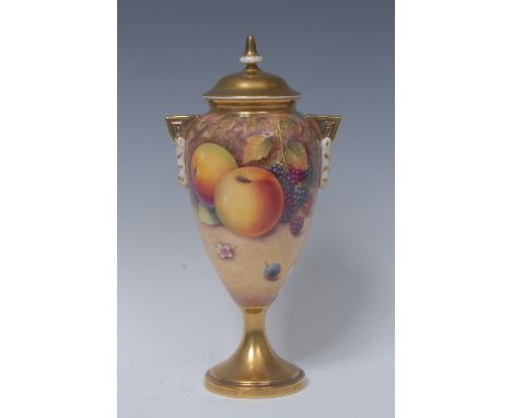 A Royal Worcester pedestal ovoid vase and cover, painted by P Platt, signed, with ripe apples and blackberries, the verso wit