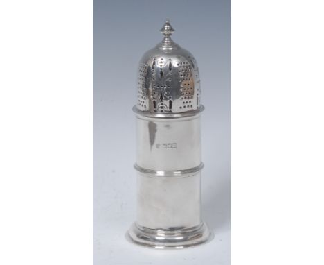 An Edwardian silver lighthouse sugar caster, knop finial, pierced domed centre girdle, skirted base, 19.5cm high, William Hut