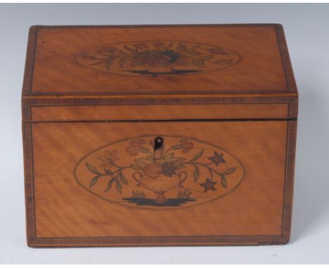 A George III rosewood crossbanded satinwood and marquetry  rectangular tea caddy, inlaid with oval paterae of a flowering bas