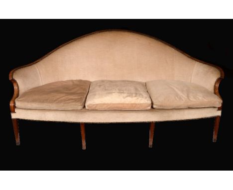 A George III mahogany sofa moulded arched back and downswept arms stuffed-over upholstery, tapered square legs, 208cm wide, e