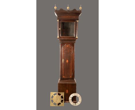 A George III oak longcase clock, the 30cm brass square dial with silvered chapter ring, Roman numerals, twin winding holes, e