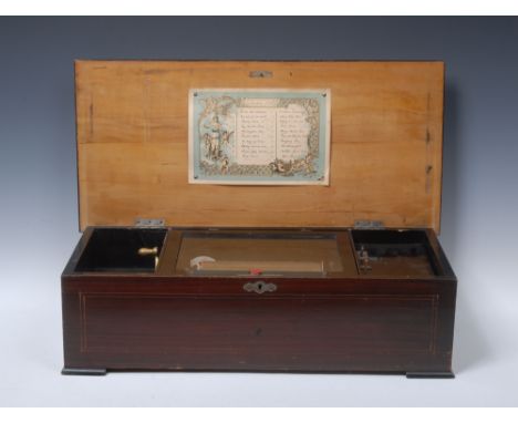 A 19th century Swiss stained rosewood cylinder music box,  the case printed with floral spray, the 18.5cm cylinder playing te