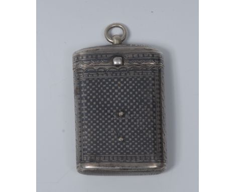 A late 19th century silver and niello vesta case, possibly Turkish or Russian, hinged cover, striker to base, 6cm long, c.189