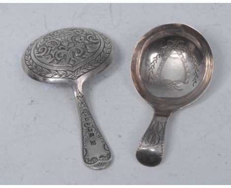 A George III  silver caddy spoon, the bowl engraved with shield cartouche and stylised foliage, Birmingham 1808;   another, t