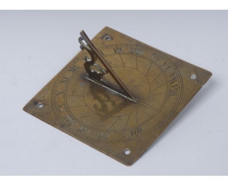 A George III brass square sundial, engraved scale, pierced gnomon, 12.5cm wide, c.1800