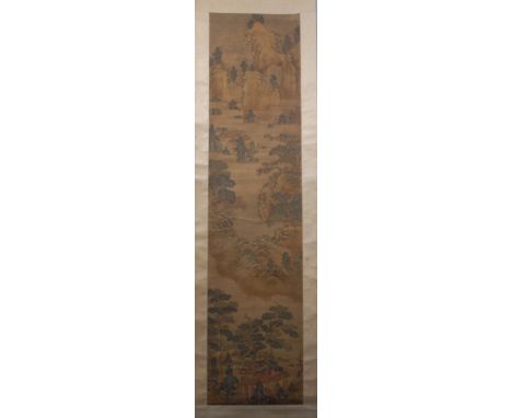 Chinese School (17th/18th century)Pagodas in a Monumental Landscapewatercolour, 167cm x 40cm, on a scroll   Condition Report: