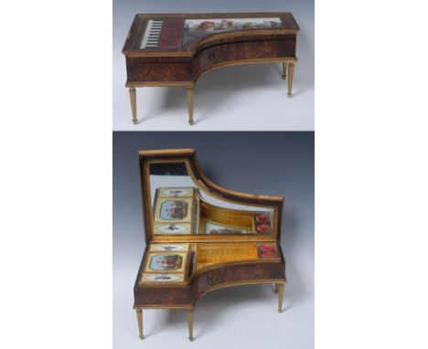 A 19th century French novelty musical workbox, as a grand piano, hinged cover with reverse printed panels depicting a courtin