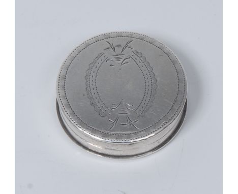 A George III silver circular patch box, bright-cut and wrigglework engraved, 3cm diam, Samuel Pemberton, Birmingham 1795