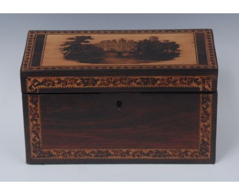 A Victorian Tunbridge ware and rosewood rectangular tea caddy, hinged cover inlaid with ruins, outlined with chequered string