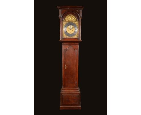 A George II oak longcase clock, 33cm arched brass dial with silvered chapter ring, inscribed Andrew Dickie, Edinburgh, the ar