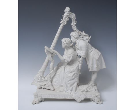 A Continental bisque figure group, Musicians, she sits by a harp, her companion leaning over her shoulder, rectangular base, 