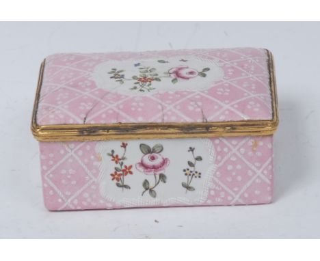 A George III South Staffordshire enamel rectangular box, the cover and sides with stylised flowers within a shaped cartouche,