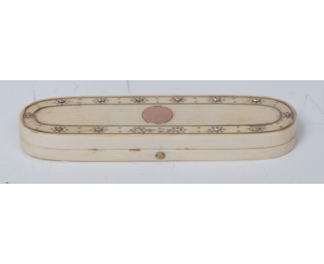 A George III ivory rounded rectangular toothpick case, hinged cover inlaid in gold coloured metal with a circular cartouche a